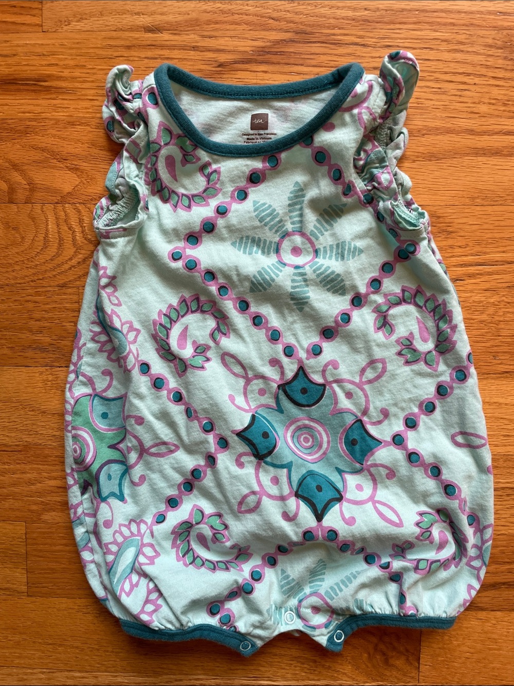 Tea Collection Flutter Sleeve Baby Romper -Teal & Pink Floral